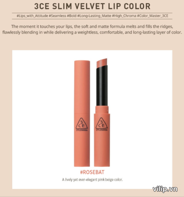 Son 3CE Slim Velvet Lip Color Rose Bat – Mau Cam Nude 5