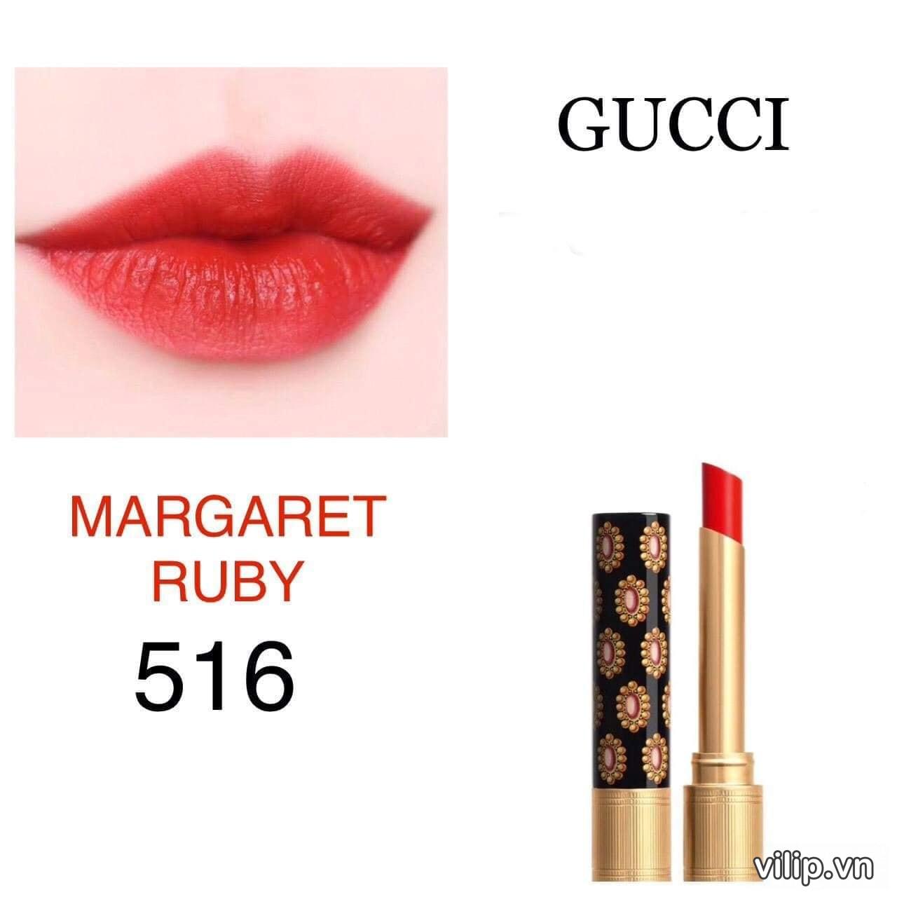 Son Gucci Rouge De Beauté Brillant 516 Margaret Ruby - Màu Đỏ Tươi Ánh Cam  | Vilip Shop - Mỹ Phẩm Chính Hãng
